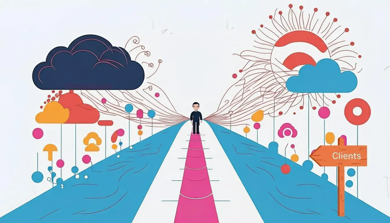 clean vector infographic, a path at one end there is a rain cloud and at the end there is sunshine with a sign labeled _Clients_, white background