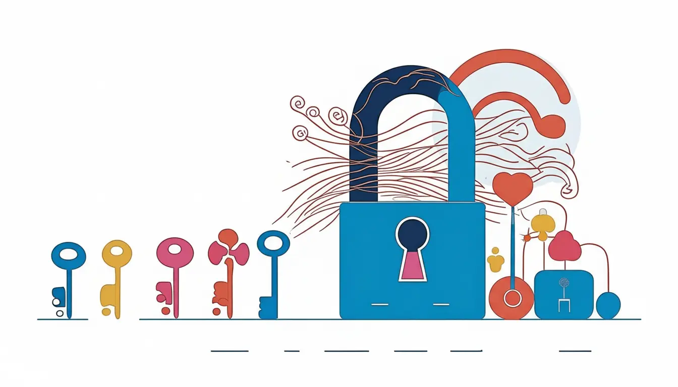 flat vector illustration, a large, complex lock, and 5 simple, elegant keys lined up next to it, minimalist, metaphorical, clean white background