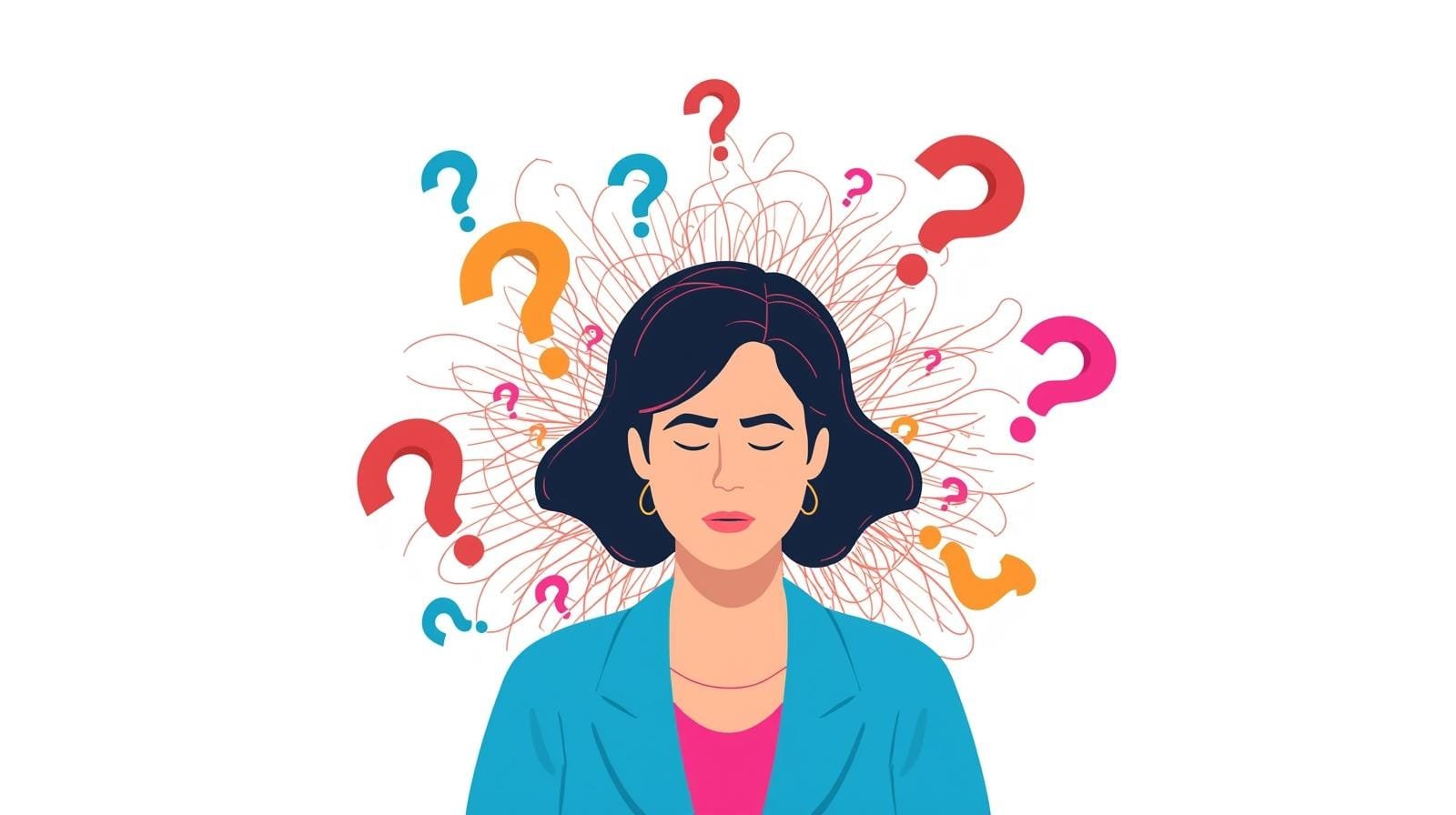 minimalist flat vector illustration a 50 year old female life coach looking overwhelmed surrounded by floating question marks and tangled lines clean white background bright colors